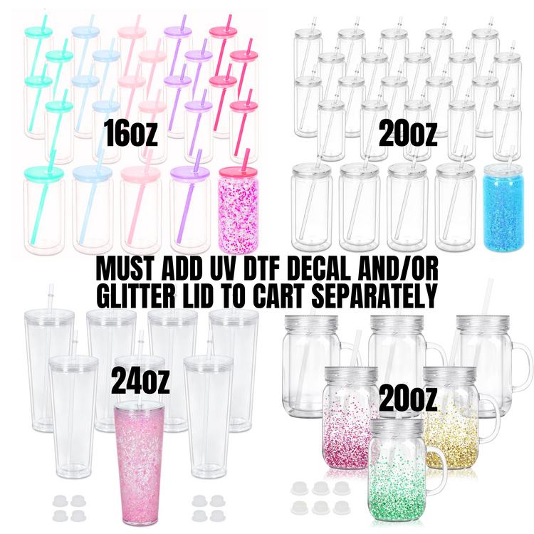 SNOW GLOBE CUPS. MUST PURCHASE UV DTF DECAL AND/OR GLITTER LID SEPARATELY.