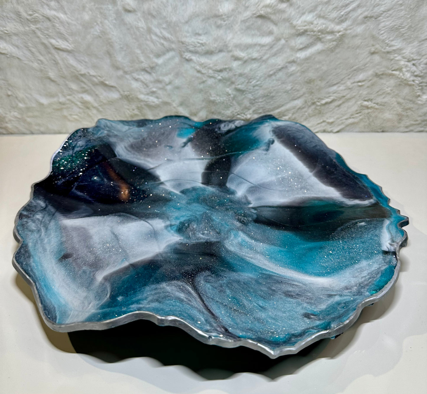BLUE,GREY,WHITE & SILVER EPOXY/RESIN DECORATIVE PLATE