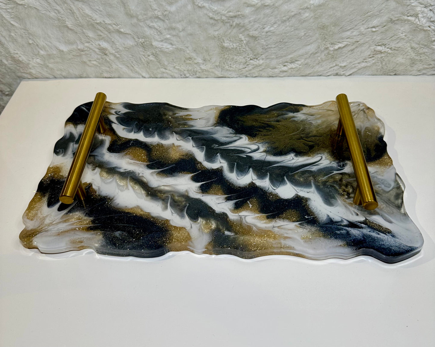 BLACK,WHITE & GOLD EPOXY/RESIN DECORATIVE SERVING TRAY