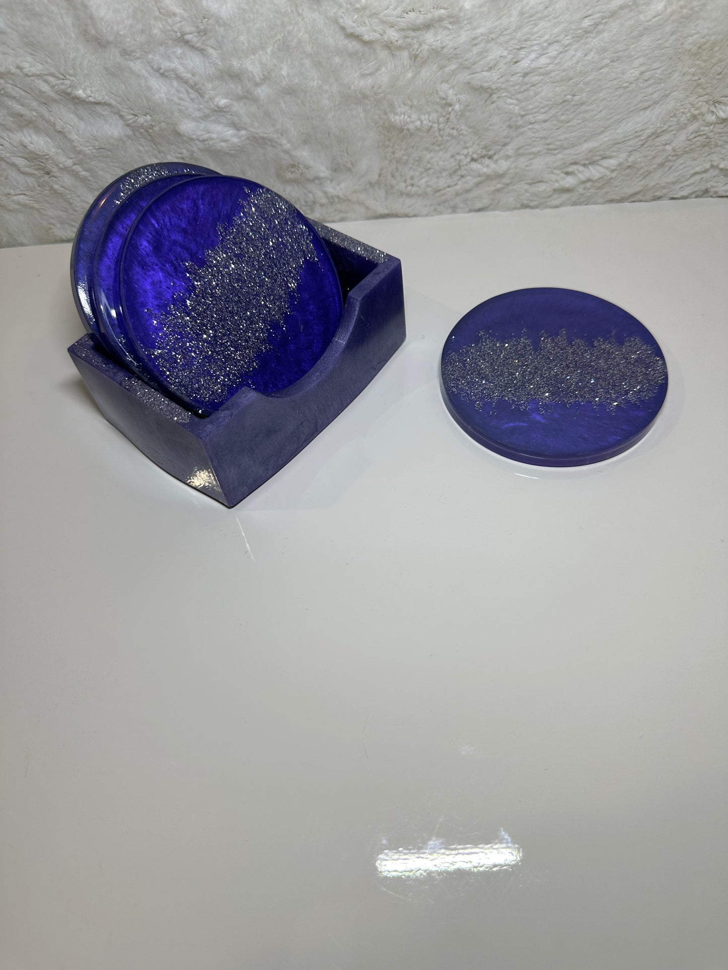 PURPLE & SILVER ROUND EPOXY/RESIN COASTERS WIT HOLDER