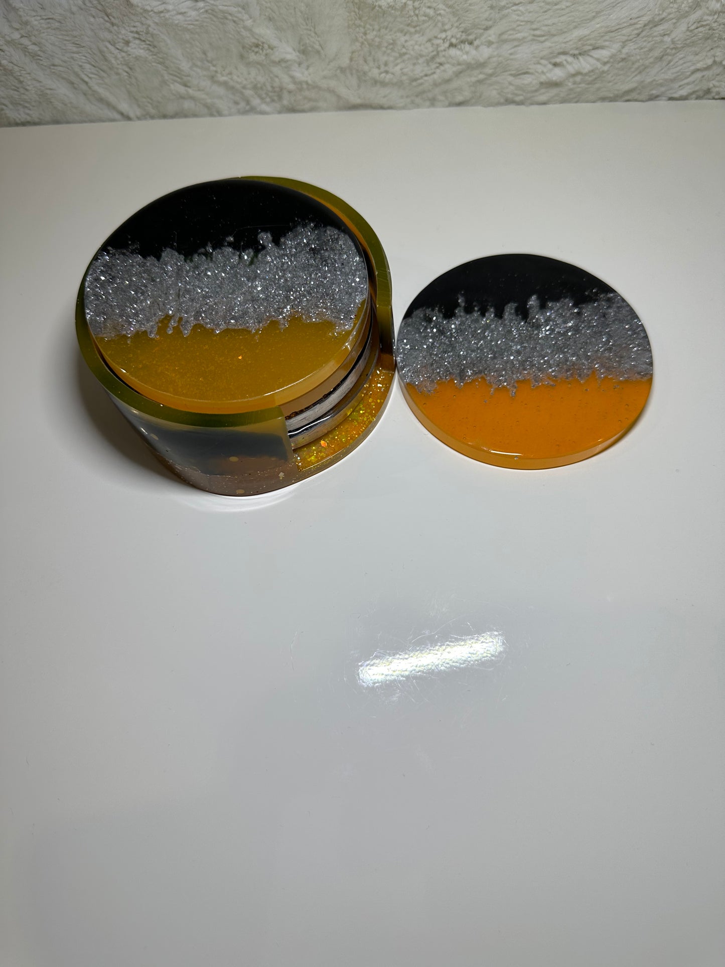 ORANGE,BLACK & SILVER EPOXY/RESIN COASTERS WITH HOLDER