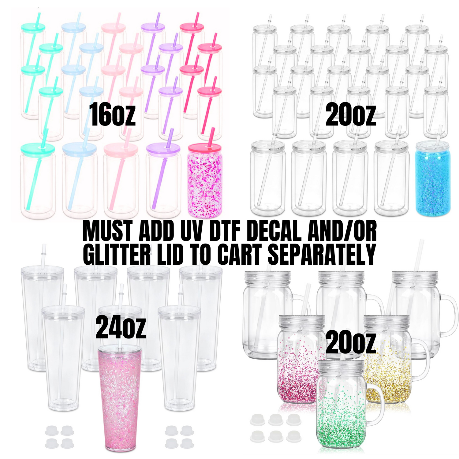 SNOW GLOBE CUPS. MUST PURCHASE UV DTF DECAL AND/OR GLITTER LID SEPARATELY.
