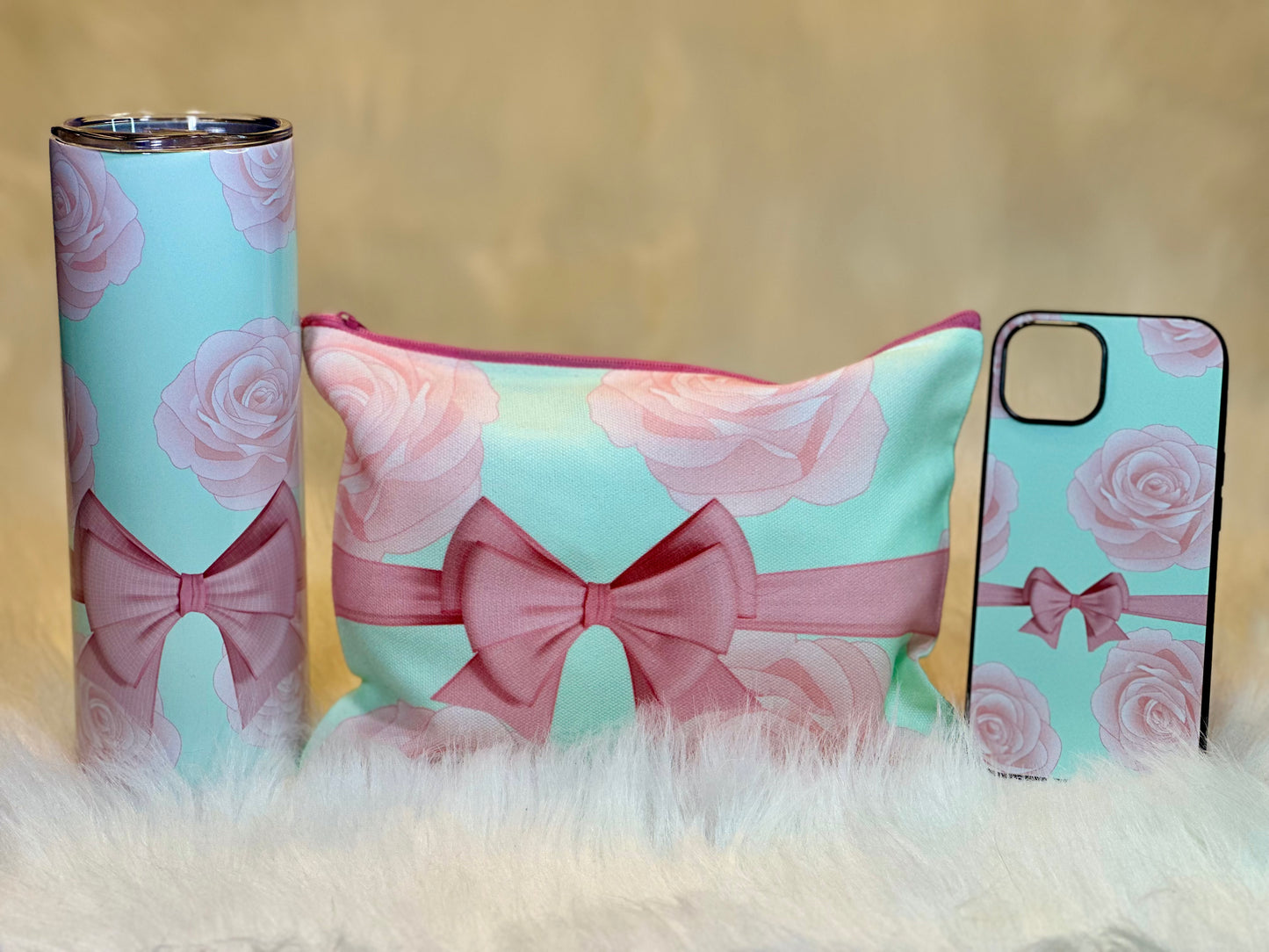 SOFT PINK ROSES - 20oz TUMBLER+COSMETIC/TOILETRY BAG+ iPHONE CASE