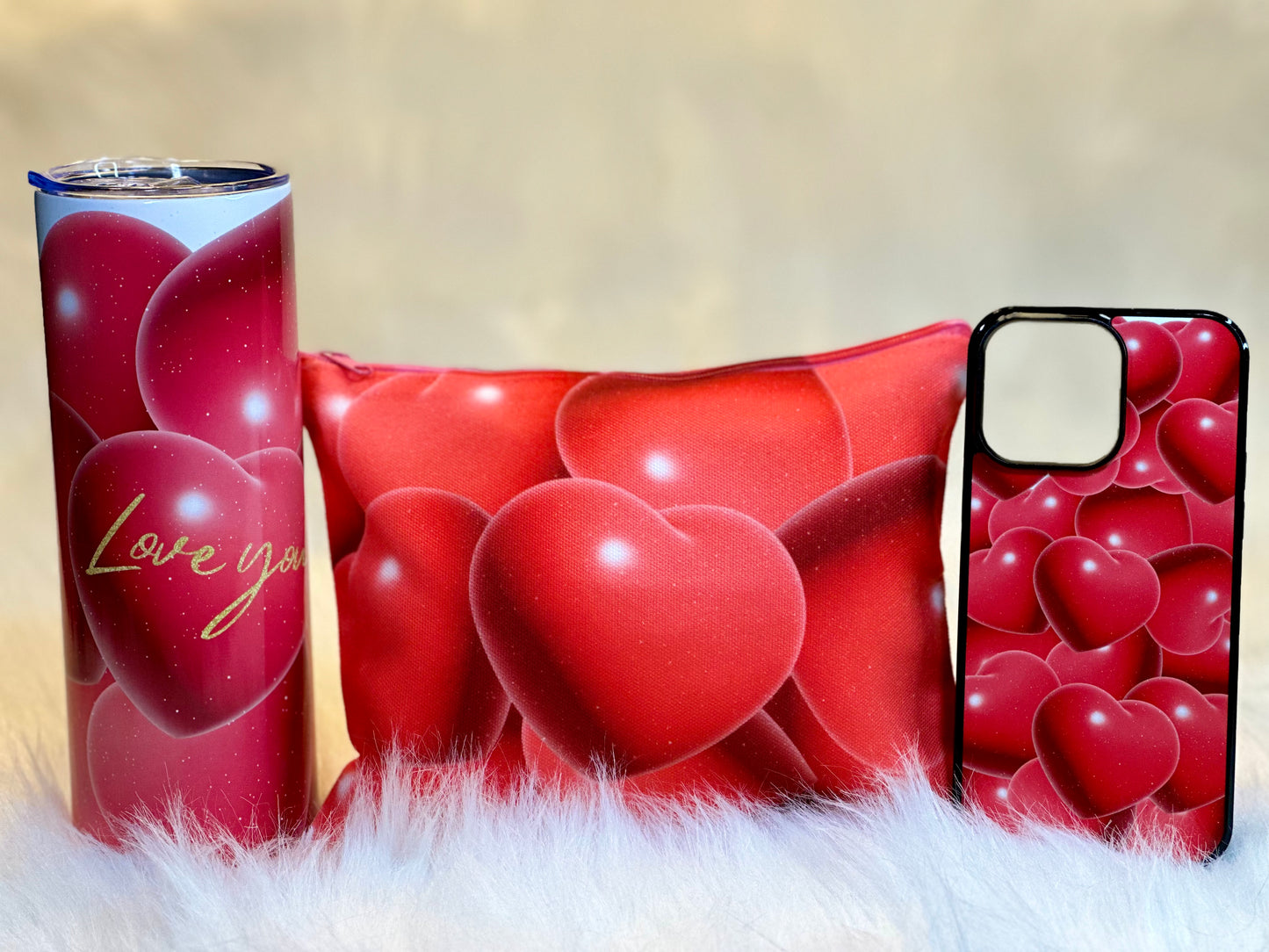3D RED HEARTS - 20oz TUMBLER+COSMETIC/TOILETRY BAG+iPHONE CASE