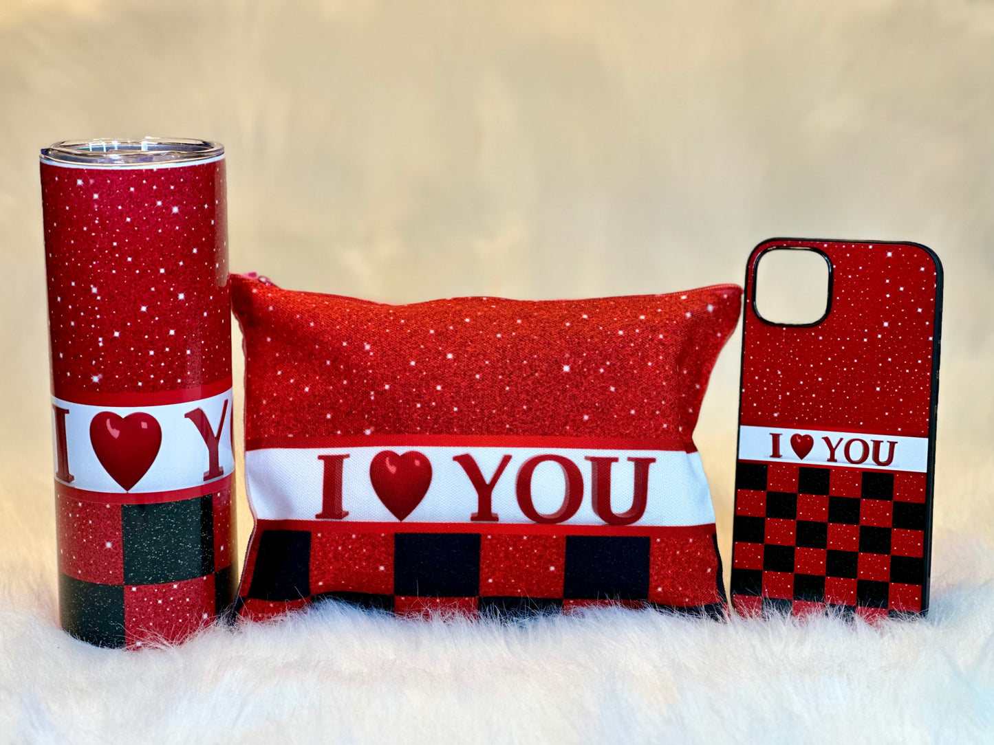 RED & BLACK SHINY I HEART YOU - 20oz TUMBLER+COSMETIC/TOILETRY BAG+iPHOE CASE