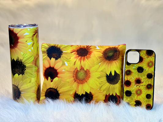 SUNFLOWERS - 20oz TUMBLER + COSMETIC/TOILETRY BAG + iPHONE CASE