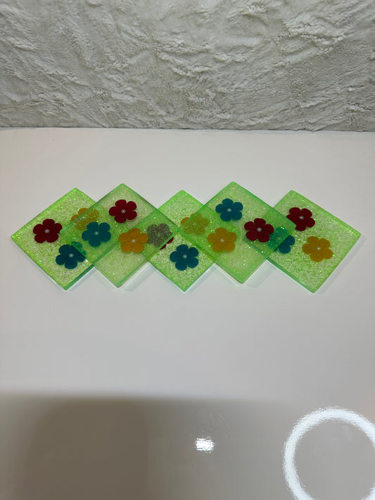 LIGHT GREEN WITH FLOWERS EPOXY/RESIN COASTERS