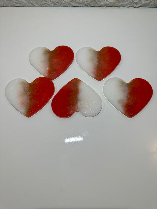 WHITE,RED & GOLD HEART SHAPE EPOXY/RESIN COASTERS