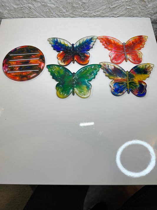 COLORFUL BUTTERFLIES EPOXY/RESIN COASTERS WITH HOLDER