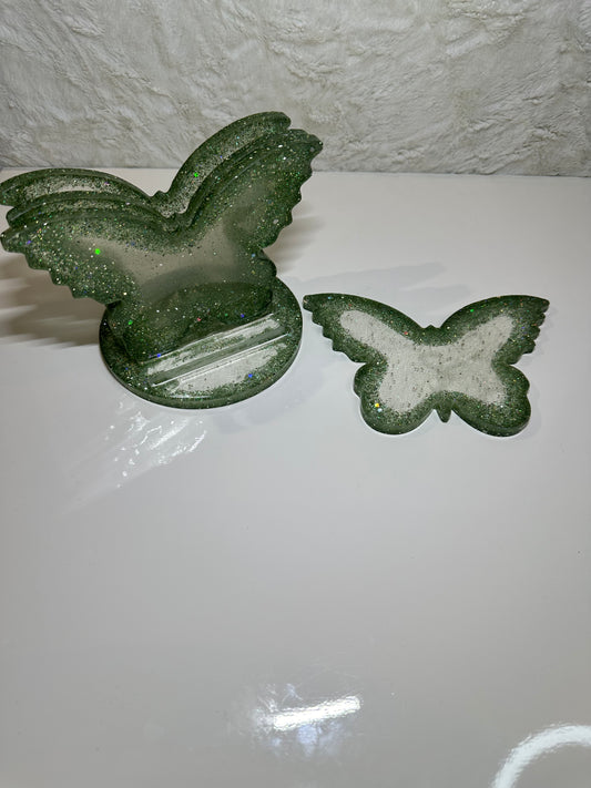 GREEN BUTTERFLIES EPOXY/RESIN COASTERS WITH HOLDER