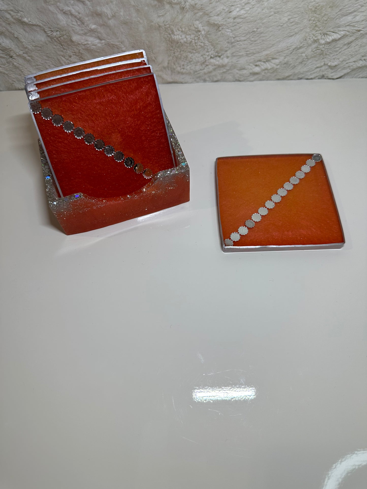 DARK ORANGE EPOXY/RESIN COASTERS WITH HOLDER