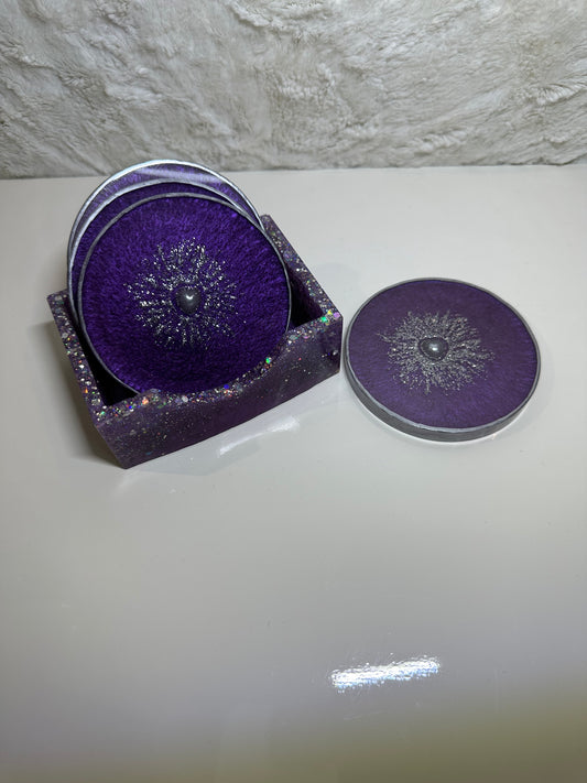 PURPLE,SILVER WITH A HEART ROUND EPOXY/RESIN COASTERS WITH HOLDER