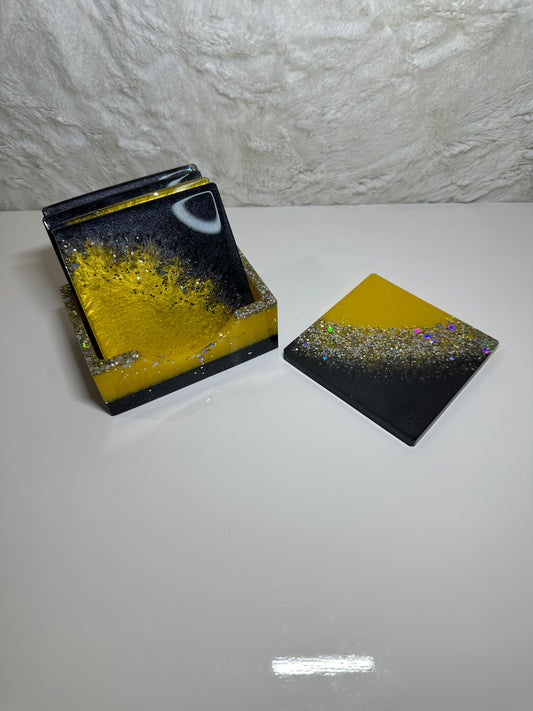 YELLOW,BLACK & SILVER #1 EPOXY/RESIN COASTERS WITH HOLDER