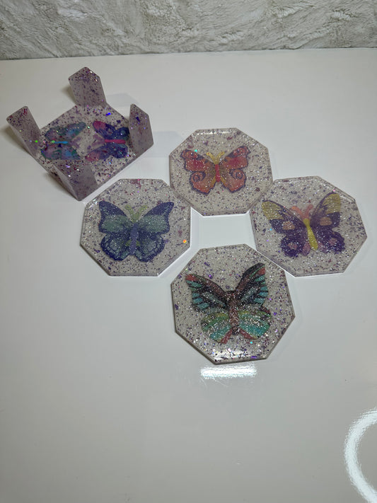 BUTTERFLIES EPOXY/RESIN COASTERS WITH HOLDER