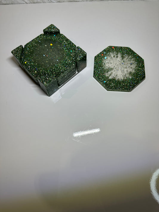 GREEN AND SILVER EPOXY/RESIN COASTERS WITH HOLDER