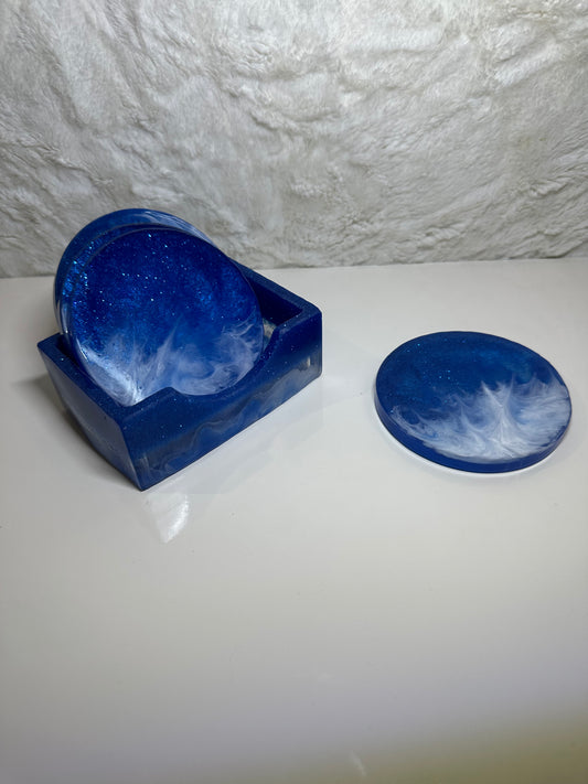 DARK BLUE AND WHITE ROUND EPOXY/RESIN COASTERS WITH HOLDER