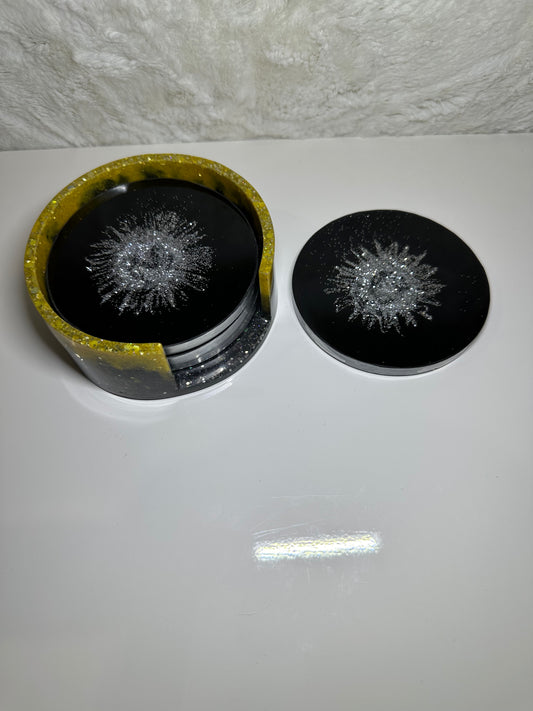 YELLOW,BLACK AND SILVER ROUND EPOXY/RESIN COASTERS WITH HOLDER