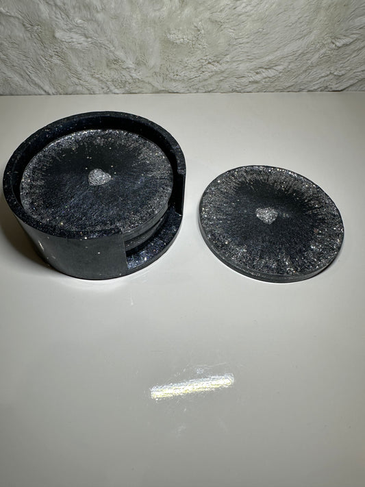 BLACK & SILVER ROUND EPOXY/RESIN COASTERS WITH HOLDER