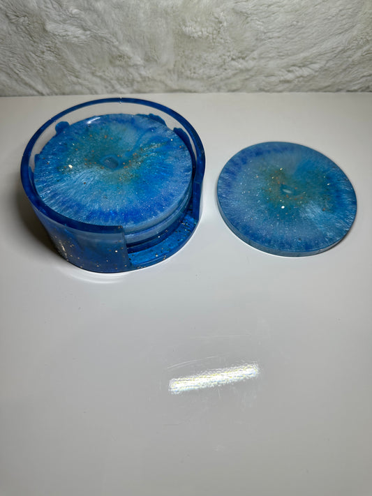 BLUE ROUND EPOXY/RESIN COASTERS WITH HOLDER