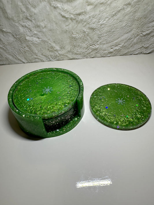 GREEN ROUND EPOXY/RESIN COASTERS WITH HOLDER