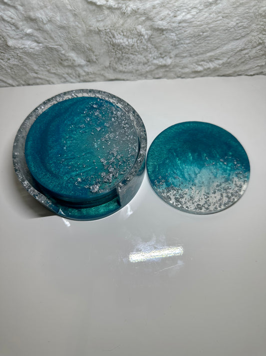 BLUE & SILVER EPOXY/RESIN COASTERS WITH A HOLDER
