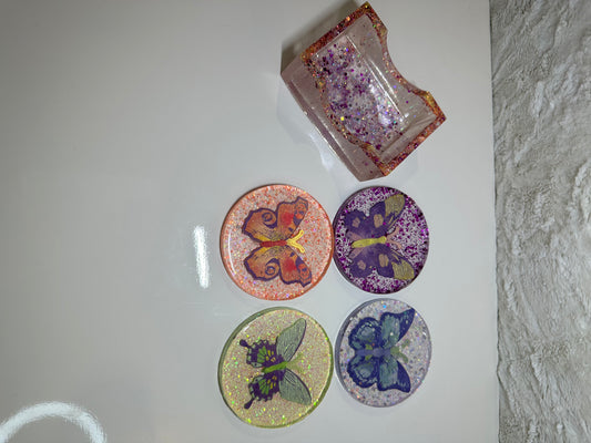 MULTI COLOR WITH BUTTERFLIES ROUND EPOXY/RESIN COASTERS WITH HOLDER
